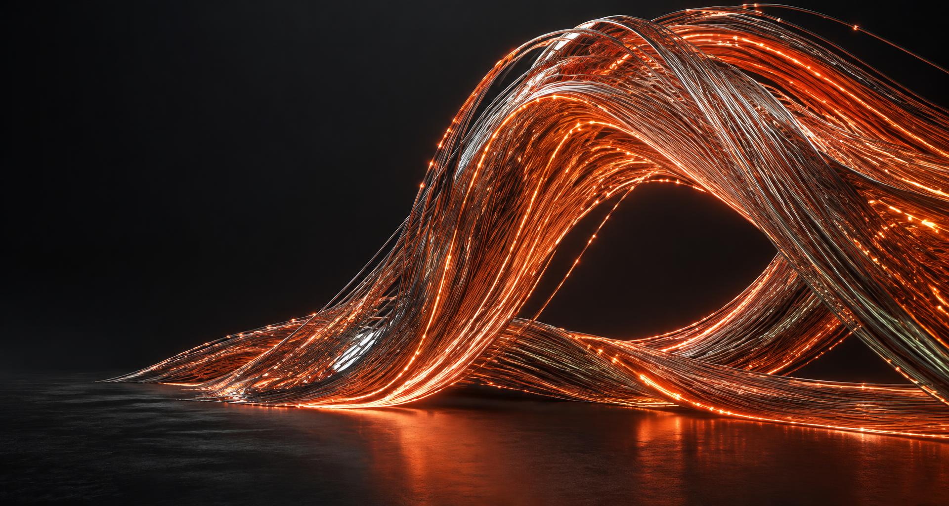 Sculptural silver and ember-lit strands forming a connected neural architecture